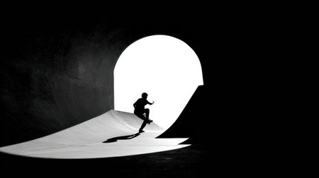 A skater maneuvers on the ramp of a skate park, silhouetted against a bright background. The contrast highlights their movement and skill in the sport.の素材