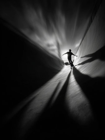A skater glides down a concrete ramp in an urban park during dusk, casting long shadows under dramatic light. The scene captures a moment of skillful movement.の素材