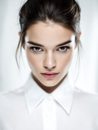 Young woman with a striking expression stands against a white background, her hair neatly styled as she exudes confidence and strength in her demeanor.の素材