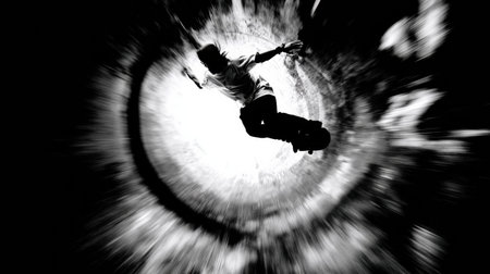 A skateboarder catches air in a vibrant urban environment, demonstrating skill and energy while surrounded by a whirlwind of motion and contrastの素材