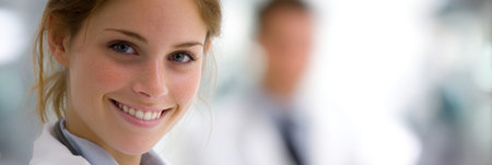 Healthcare worker with a friendly smile stands in a modern hospital environment, conveying warmth and professionalism while assisting patients.の素材