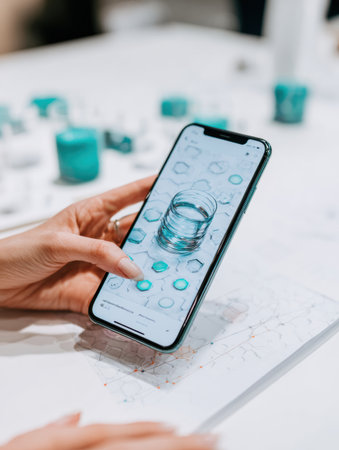 A person uses a smartphone to interact with a colorful app featuring turquoise designs. The sleek workspace is bright and modern.の素材