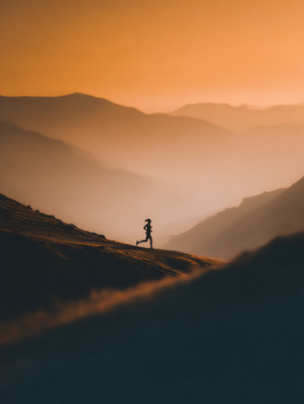 A runner moves swiftly through a mountainous terrain, silhouetted against a stunning sunset that paints the sky with warm hues, creating a serene atmosphere.の素材