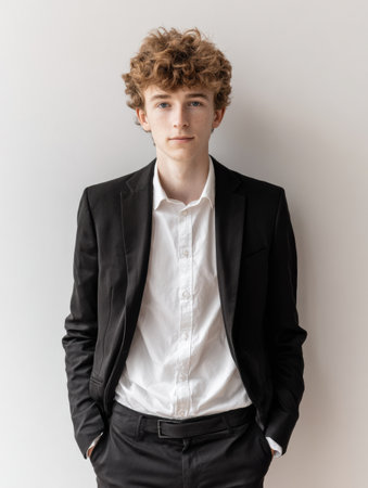 Stylish young man stands with hands in pockets, wearing a black suit and white shirt, showcasing a confident expression in a minimalist environmentの素材