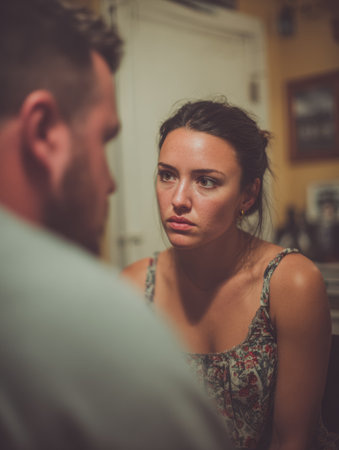 A woman listens intently as a man speaks, capturing a moment of connection in a cozy and relaxed environment at night.の素材