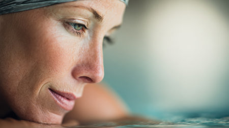 A woman wearing a headscarf gazes thoughtfully at the water, capturing a peaceful and introspective moment in a tranquil environment.の素材