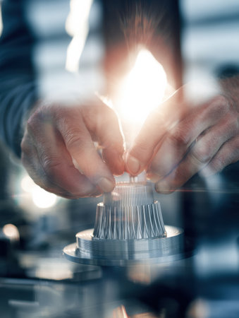 A skilled worker focuses on adjusting a metal part in a workshop filled with natural light, showing precision and craftsmanship.の素材