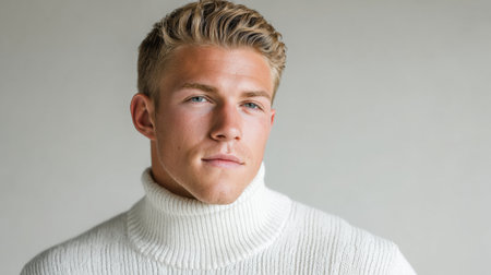 A young man with blond hair is posing in a white turtleneck sweater.の素材