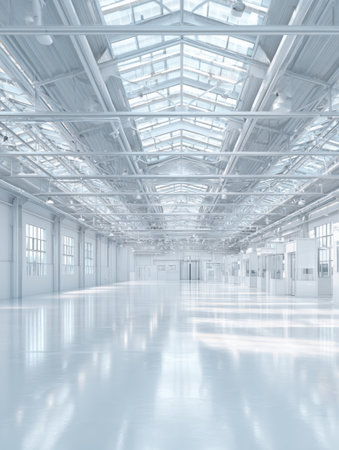 Open and airy space of an industrial warehouse featuring a shiny floor and plenty of natural light streaming through large, tall windows.の素材