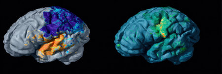 Visual representation of brain activity highlighting various regions engaged in cognitive tasks, demonstrating distinct color patterns of function.の素材