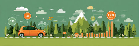 An orange car travels down a winding road surrounded by lush green trees and mountains, with data visuals highlighting various statistics nearby.の素材