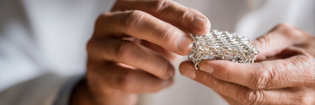 Artisan holds a delicate silver jewelry piece, showcasing fine craftsmanship and attention to detail in a quiet workshop environment.の素材