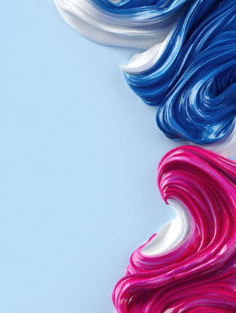 Swirls of blue, white, and pink cream create a dynamic composition on a light blue background, showcasing texture and vivid colors that draw attention.の素材