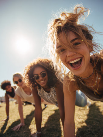 A group of friends engages in a fun workout session outdoors, smiling and supporting each other under a bright sun, creating lasting memories.の素材