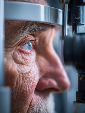 An elderly man undergoes an eye examination at an optometrist, with focus on his blue eye and the testing equipment being used.の素材