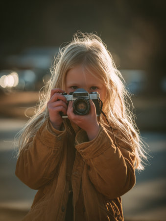 A small child stands outside, confidently holding a vintage camera, with sunlight glinting off her long blonde hair in a peaceful afternoon setting.の素材
