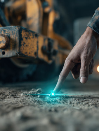 A worker touches a glowing device on the ground at a construction site, highlighting the integration of technology in modern building practices.の素材