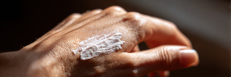 Hand gently holding cream with a shiny texture, sunlight casting soft shadows, highlighting skincare process and self-care moments in the afternoonの素材