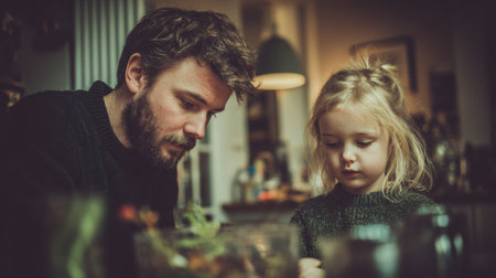 A father and his young daughter are focused on a creative project at home, surrounded by various materials and a warm atmosphere.の素材