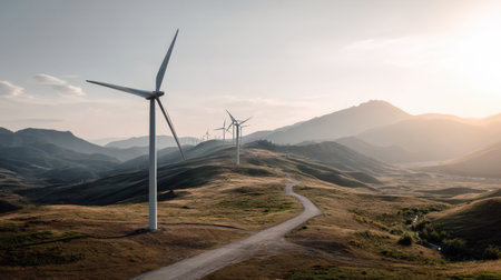 Wind turbines stand tall in a serene mountainous area, with a winding path leading through the grassy hills at sunset, creating a peaceful scene.の素材