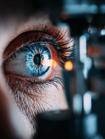 A persons eye is closely observed using advanced optical equipment in a clinical environment, highlighting details in the iris and eyelashes.の素材