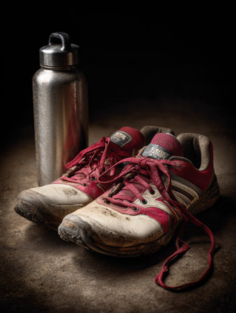 A pair of dirty athletic shoes and a metallic water bottle sit on a rough ground, illuminated by soft lighting that highlights their details.の素材