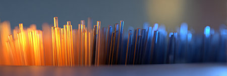Metal rods in shades of orange and blue create a striking visual display, highlighting the beauty of industrial materials in a modern setting.の素材