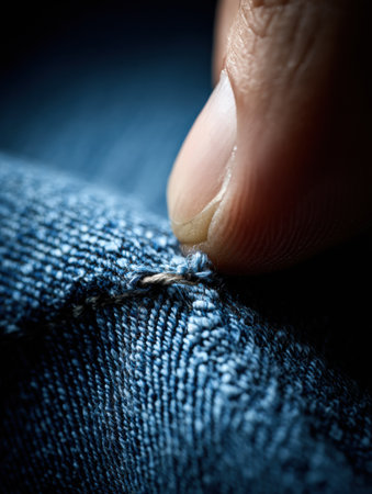 The hand delicately pulls a thread through denim fabric, highlighting the intricate process of textile repair and the artistry behind sewing.の素材