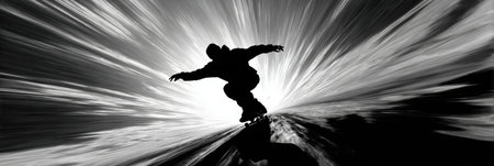 Skateboarder is captured mid-air, silhouetted against a burst of light, illustrating skill and excitement in an urban skate environment during daytime.の素材
