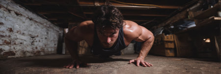 A strong man focuses on his push-up routine in a rustic basement gym, showing his dedication and strength during a personal fitness journey.の素材