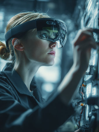 Focused woman engages with interactive technology while wearing augmented reality glasses, showcasing innovation in a modern workspace filled with machinery.の素材