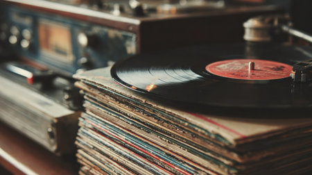 A vinyl record spins on a classic turntable surrounded by a collection of albums, evoking a nostalgic atmosphere in a warm, inviting space.の素材