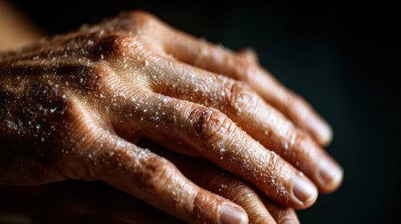 Hands show intricate textures with salt crystals, emphasizing the natural beauty and unique patterns under soft light.の素材