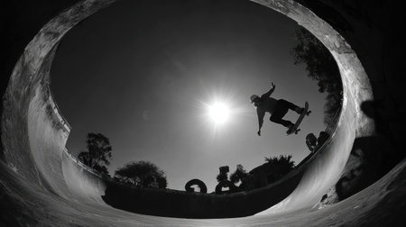A skateboarder executes a trick in a concrete bowl while the sun shines brightly overhead, casting long shadows in the park during afternoon.の素材