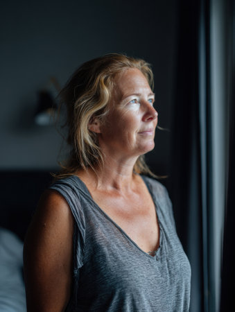 A woman stands by the window, softly illuminated by morning light, lost in thought in her peaceful bedroom, reflecting on the day ahead.の素材