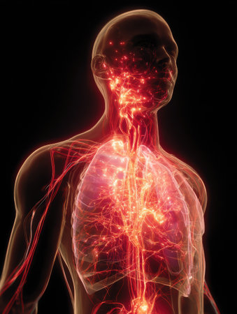 This artwork reveals intricate details of the human bodys vascular and nervous systems illuminated in a dark setting, showing dynamic energy flows.の素材