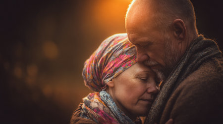 Two people are close together, sharing a tender embrace surrounded by soft, warm light, evoking a sense of connection and tranquility in nature.の素材