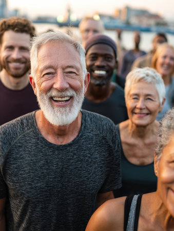 A vibrant group of smiling men and women of different ages stands together in front of a waterfront scene, celebrating friendship during sunset.の素材
