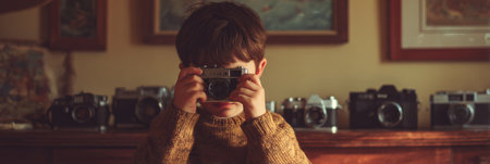 A young boy is focused as he holds a vintage camera in a warm, inviting room filled with various classic cameras on display.の素材