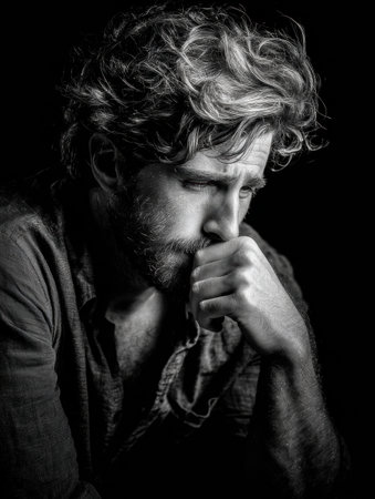 A man with curly hair gazes downward, lost in thought, while sitting in a dimly lit space that enhances his pensive expression and mood.の素材