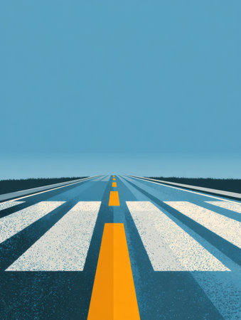 A long, straight highway is seen under a clear blue sky, emphasizing solitude and the open road ahead. The scenery hints at adventure and exploration.の素材