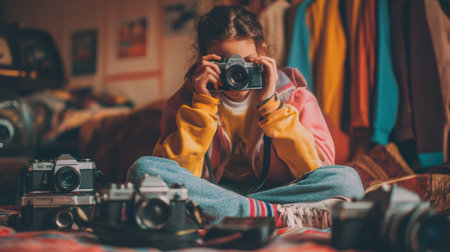 A child sits on a rug, holding a camera and taking pictures, surrounded by several vintage cameras in a warm and inviting indoor environment.の素材