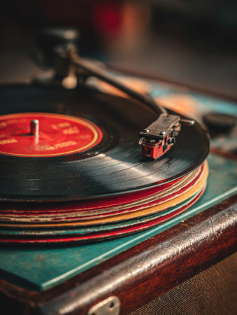 A vinyl record spins on an old-fashioned turntable. Stacks of vibrant, worn records surround it, creating a nostalgic atmosphere in a cozy setting.の素材