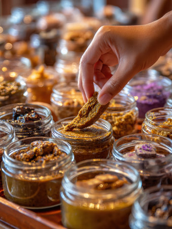 A hand reaches into a display of jars filled with different sauces and pastes.の素材