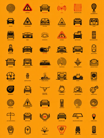 This visual collection showcases various traffic and vehicle safety symbols arranged neatly on a vibrant orange background.の素材