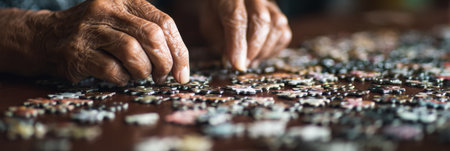 Focus on skilled hands assembling a jigsaw puzzle on a table, showcasing detail and concentration in a cozy setting.の素材