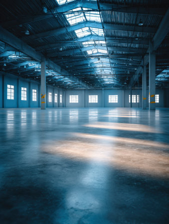 Abandoned industrial area bright features sunlight streaming through large windows, showing the clean, reflective floor and spacious interior design.の素材