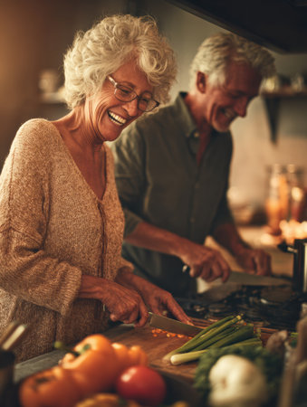 A cheerful couple prepares food in a warm kitchen, cutting vegetables and laughing together.の素材