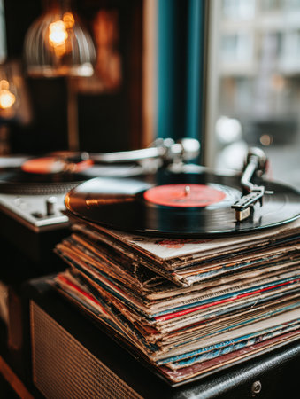 A turntable sits next to a stack of vinyl records in a warm, inviting space with soft natural light coming through the window.の素材