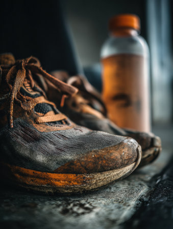 A close view of worn running shoes with dirt and mud, alongside a water bottle, highlights the end of an intense workout in a cozy environment.の素材